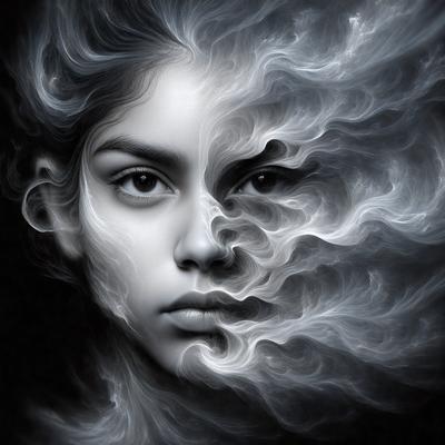 The primary subject of the image is a woman's face, which is the main focus of the image. The setting is a dark background, which creates a dramatic and moody atmosphere. The visual style is a digital art or illustration, as the woman's face is depicted in a stylized manner. The colors in the image are predominantly dark, with the woman's face being the only bright spot, creating a contrast between the darkness and the subject.